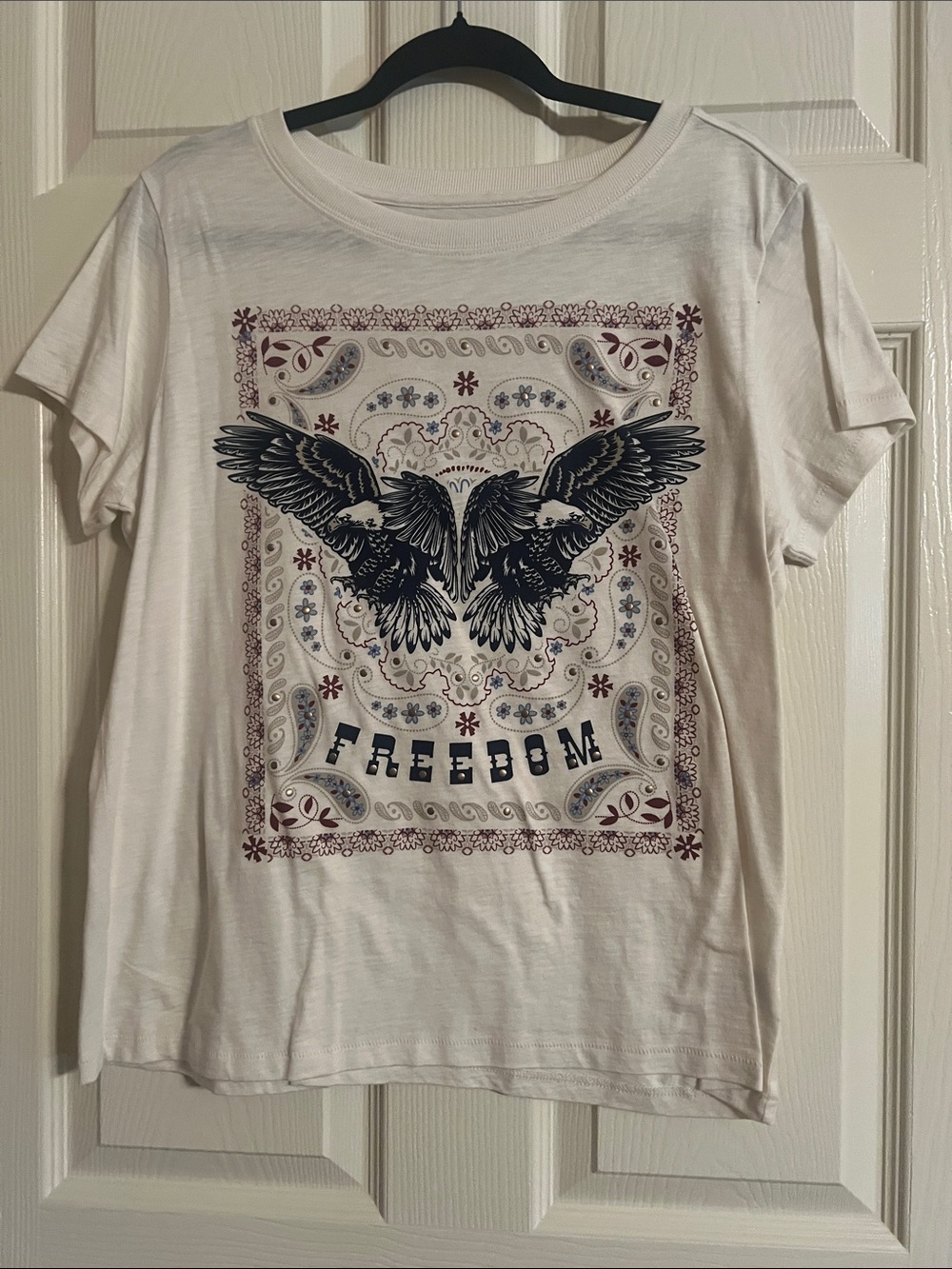 Shyanne White Short Sleeve Tee with Navy Eagle Freedom Graphic